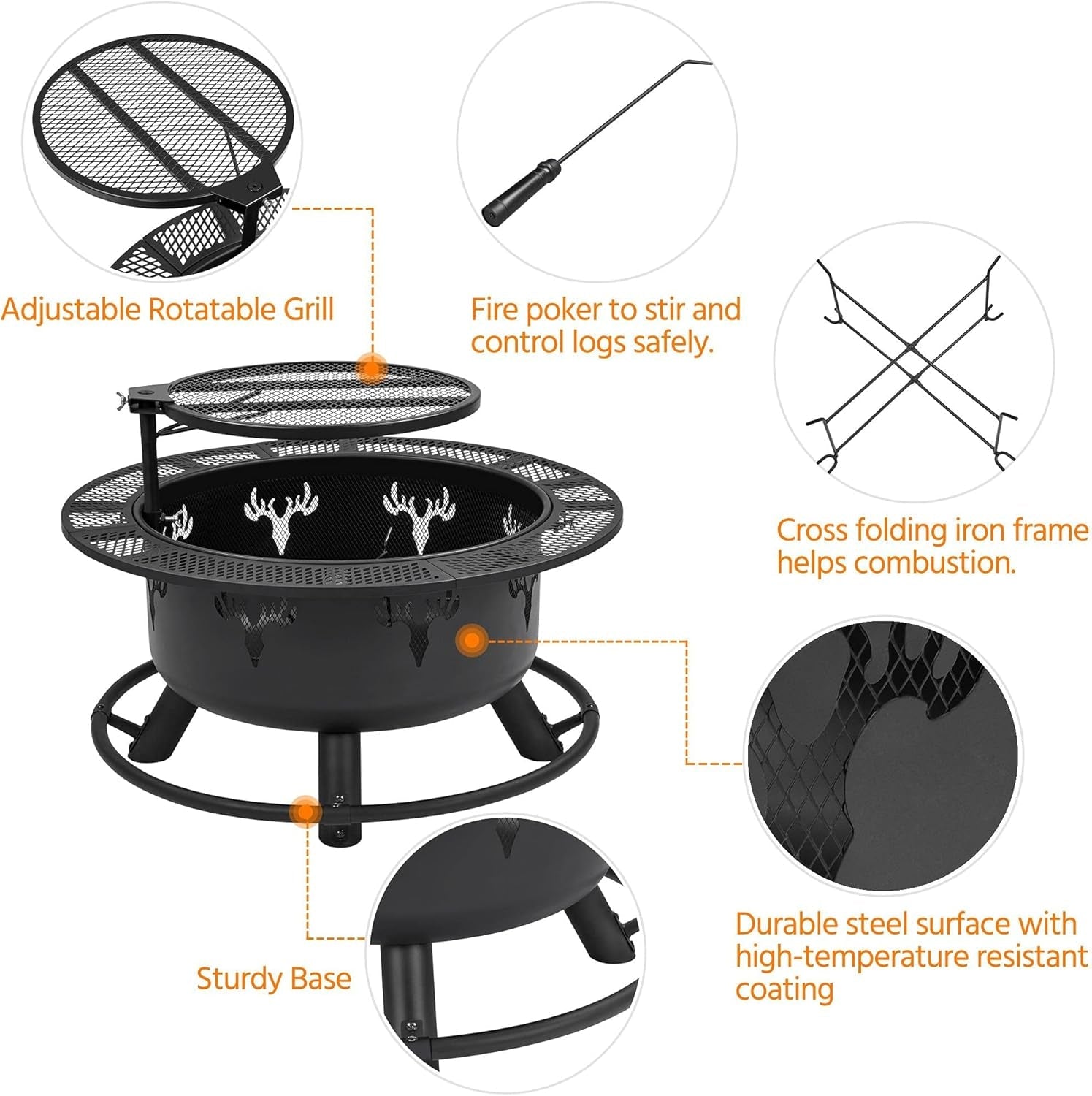 32In Fire Pit Outdoor Wood Burning Firepits Outdoor Fireplace with 18.5 Inch Swivel Cooking Grill Grate &amp; Poker Fire Bowl for Camping, Backyard, BBQ, Garden, Bonfire