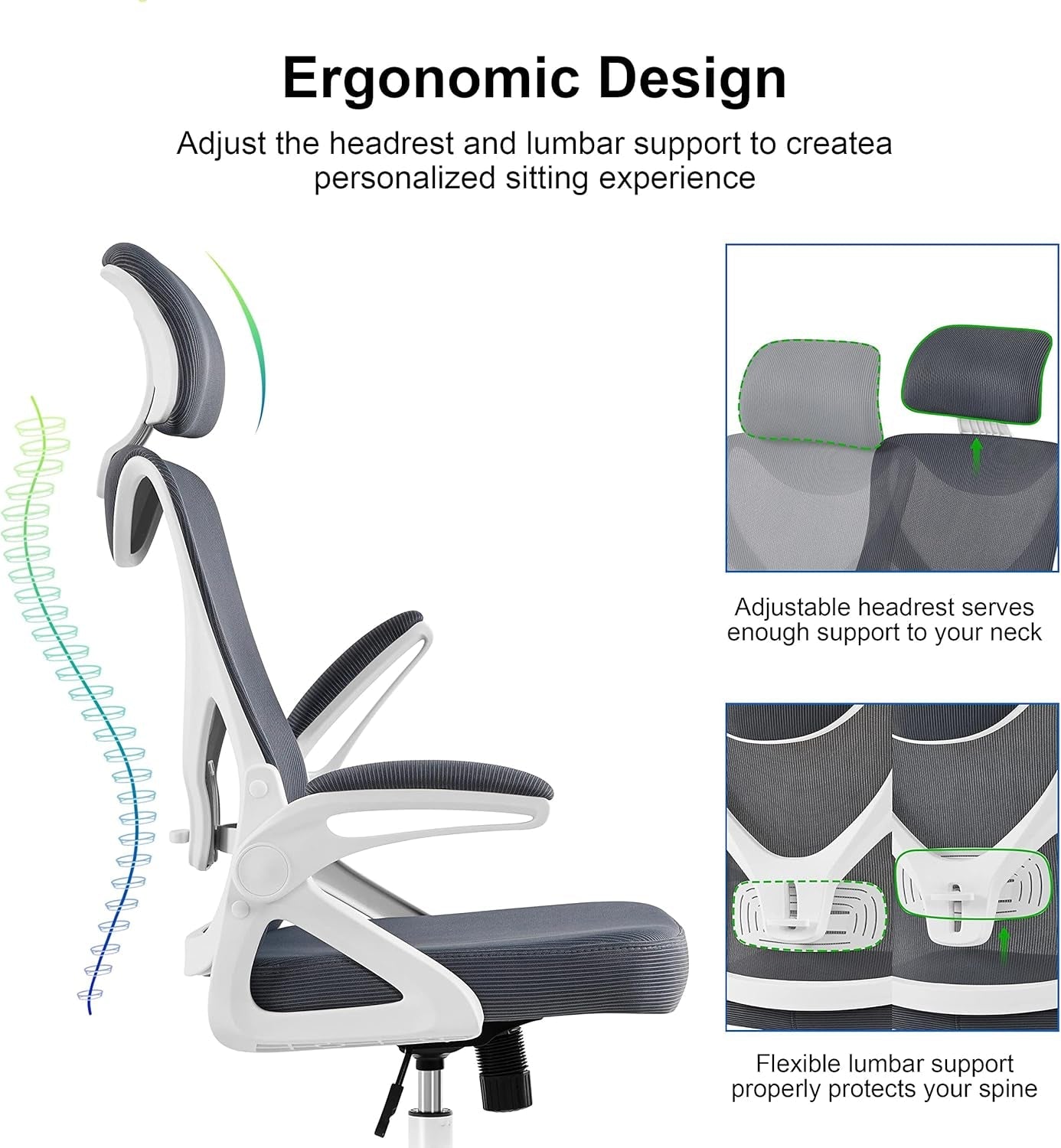 Ergonomic Mesh Office Chair, High Back Desk Chair with with Flip-Up Armrests, Adjustable Padded Headrest Computer Chair with Lumbar Support for Home Oiffce Game Room, White/Gray