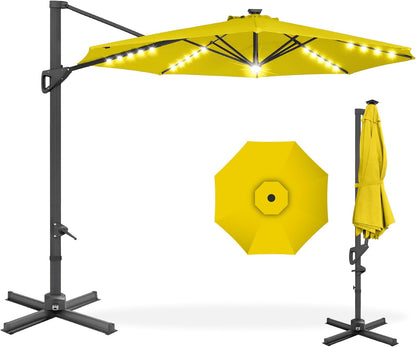 10Ft Solar LED Cantilever Patio Umbrella, 360-Degree Rotation Hanging Offset Market Outdoor Sun Shade for Backyard, Deck, Poolside W/Lights, Easy Tilt, Cross Base