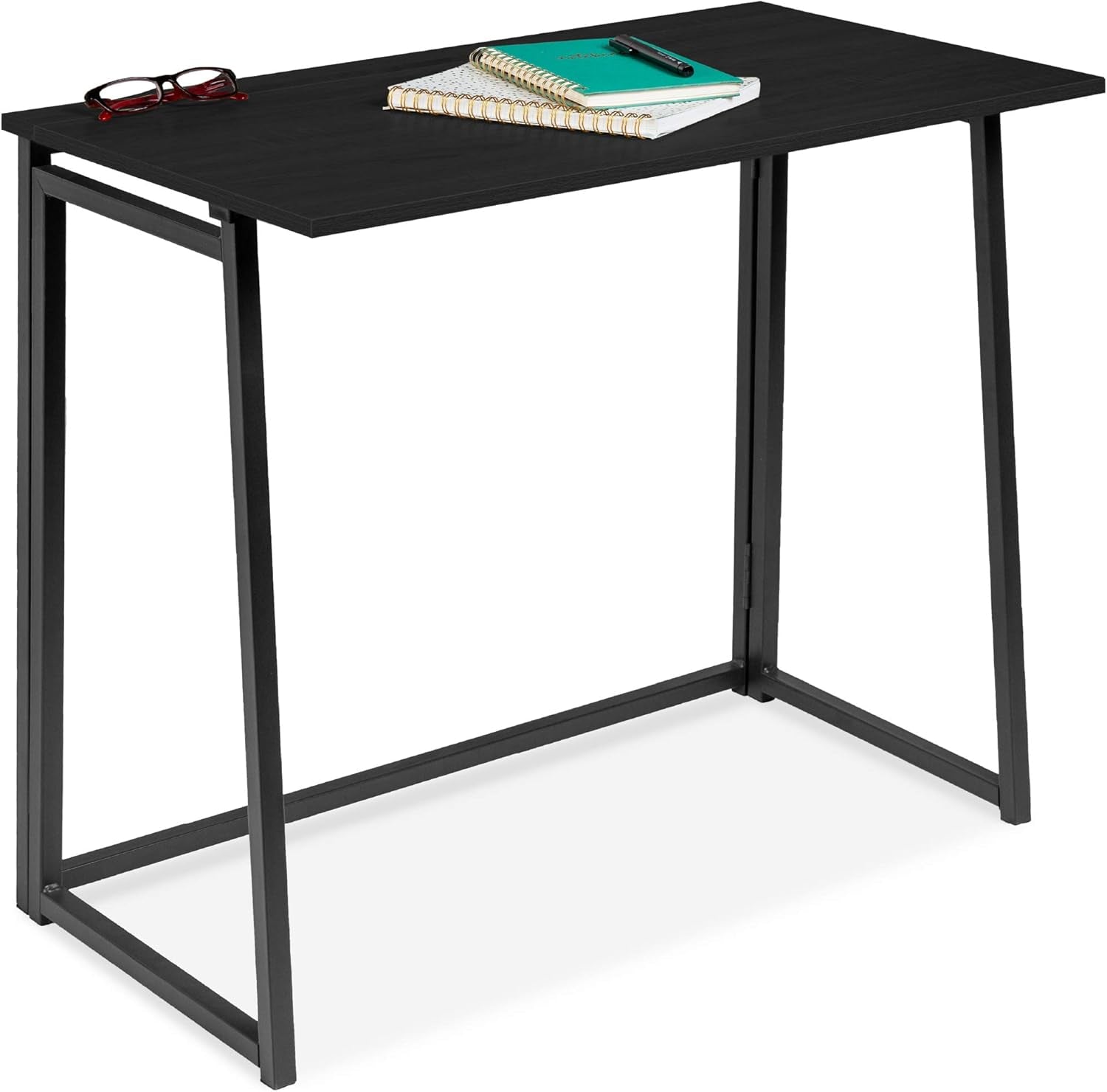 31.5In Folding Drop Leaf Desk Table, Computer Workstation for Home Office W/Wood Table Top, Back Shelf, Portable, Space Saving - Black/Black