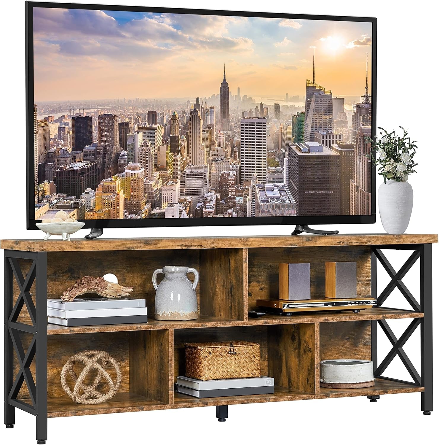 TV Stand for Living Room, Industrial Entertainment Center for 65 Inch TV, Rustic TV Console Stand with Storage Cabinets Wood and Metal, Rustic Brown