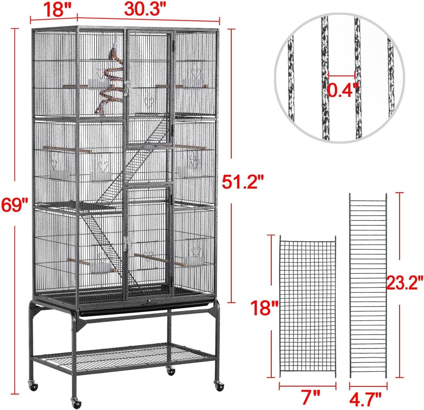 69-Inch Extra Large Wrought Iron 3 Levels Ferret Chinchilla Sugar Glider Squirrel Small Animal Cage with Cross Shelves and Ladders, Black