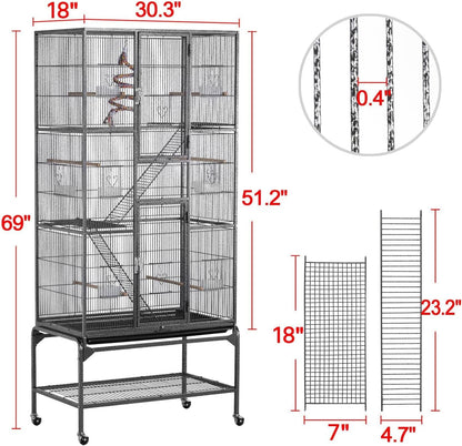 69-Inch Extra Large Wrought Iron 3 Levels Ferret Chinchilla Sugar Glider Squirrel Small Animal Cage with Cross Shelves and Ladders, Black