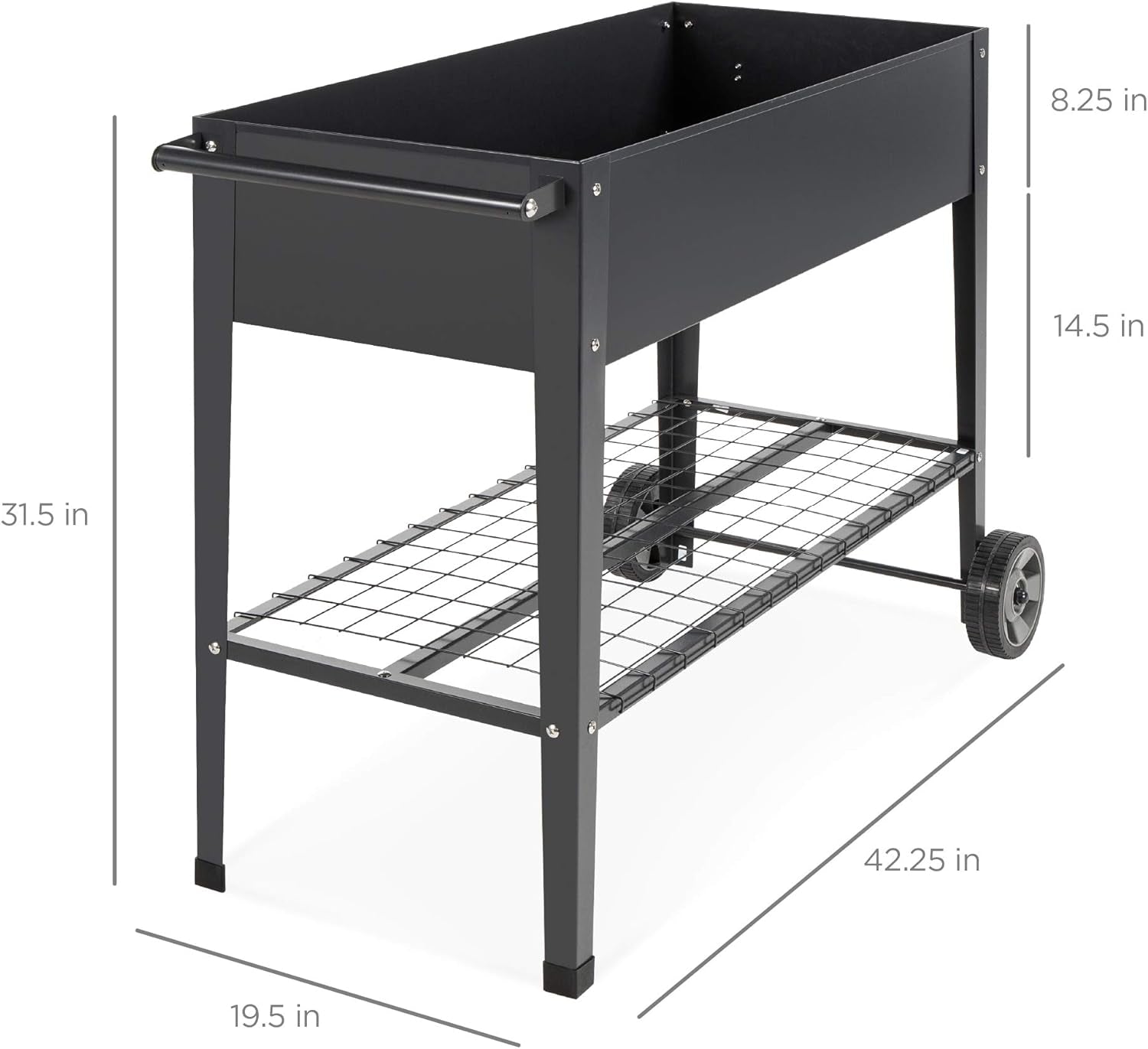 Elevated Mobile Raised Ergonomic Metal Planter Garden Bed for Backyard, Patio W/Wheels, Lower Shelf, 38X16X32In, Dark Gray