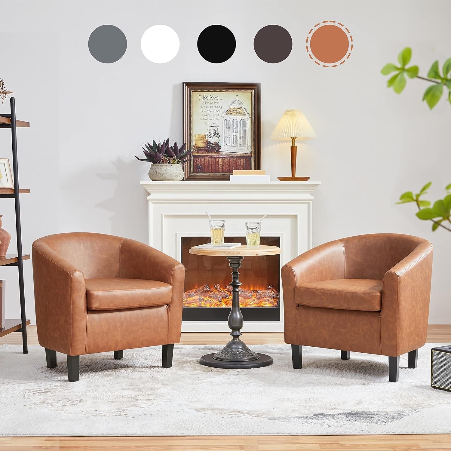 Brown Accent Chairs Set of 2, Faux Leather Barrel Chairs Comfy Club Chairs, Modern Leather Armchairs with Soft Seat for Living Room Bedroom Reading Room Waiting Room, Brown