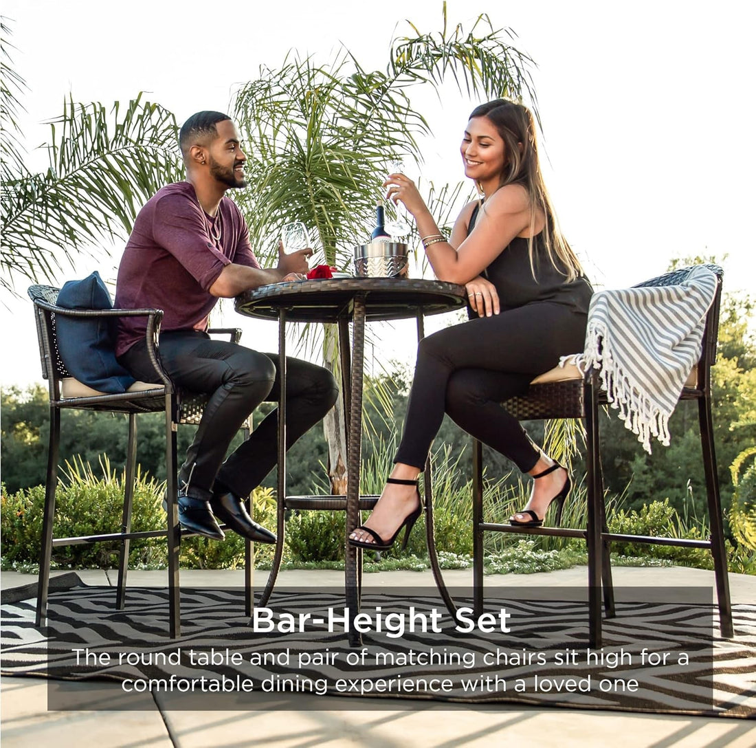 3-Piece Patio Bar Table Set, Outdoor Wicker Bar Height Bistro Furniture for Backyard, Poolside, Balcony W/Barstools, Cushions, Steel Frame – Brown/Beige