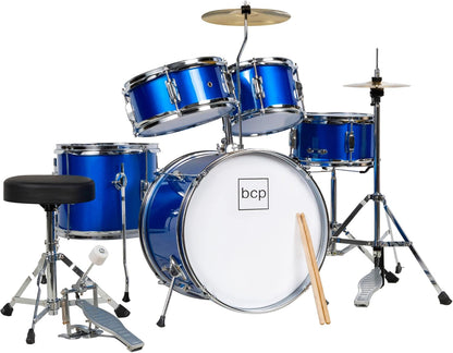 Kids Drum Set 5-Piece 16In Beginner Drum Set Junior Drum Kit, Starter Percussion Set W/Cymbals, Pedal, Drumsticks, Stool, Toms, Snare, Hi Hat - Blue