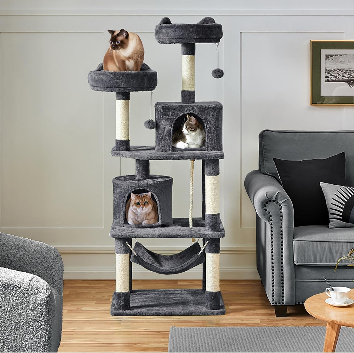 62.2Inches Cat Tree Cat Tower Cat Condo with Platform &amp; Hammock, Scratching Posts for Kittens Pet Play House with Plush Perch for Indoor Activity Relaxing