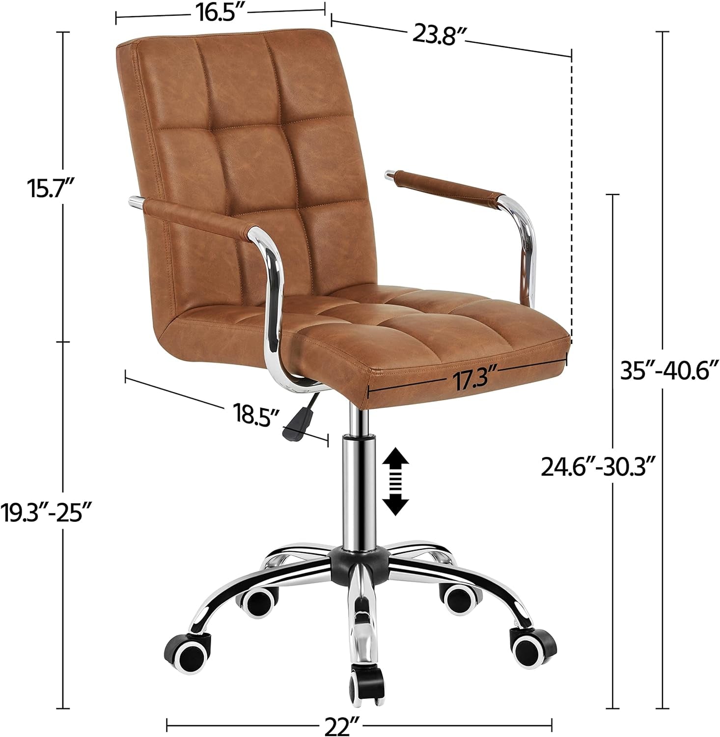 PU Leather Office Desk Chair Mid Back Height Adjustable Chair Comfortable Computer Swivel Chair W/Armrests, Retro Brown