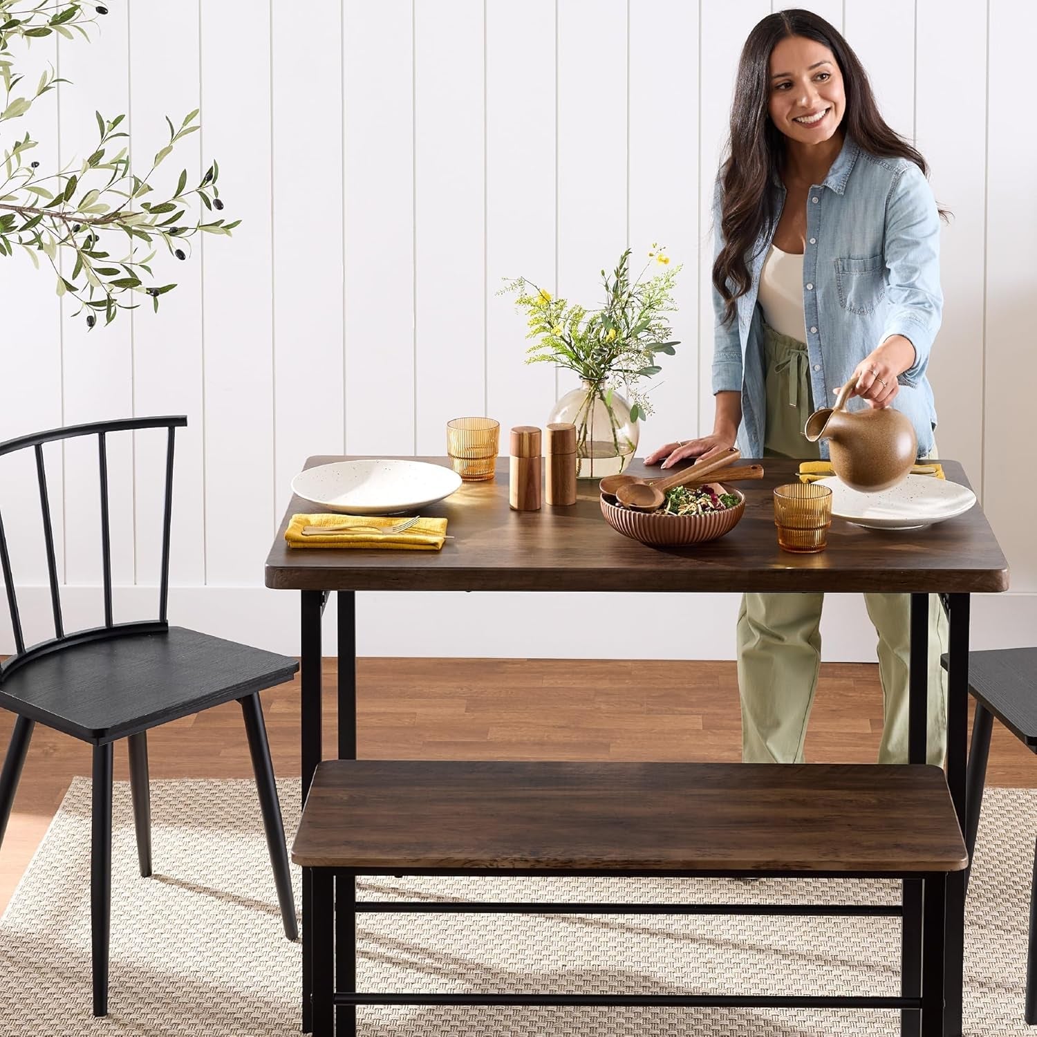 4-Piece Farmhouse Dining Kitchen Table Set, Space Saving Wooden Dinette W/ 2 Black Spindle Back Chairs, Bench - Dark Brown