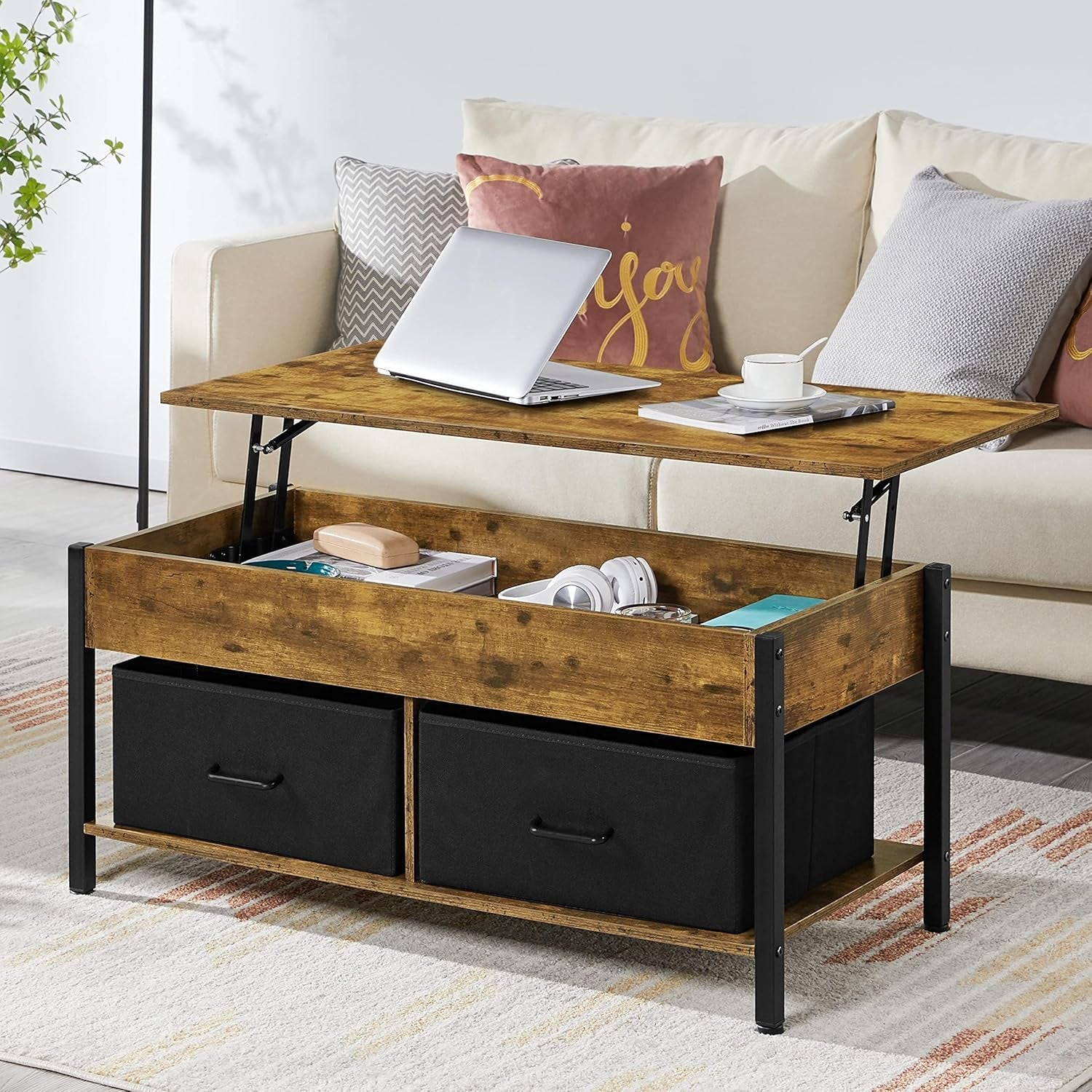 Lift Top Coffee Table with Storage and 2 Fabric Baskets, 41.5 Inch Wooden Raisable Top Coffee Table for Living Room &amp; Office, Rustic Brown