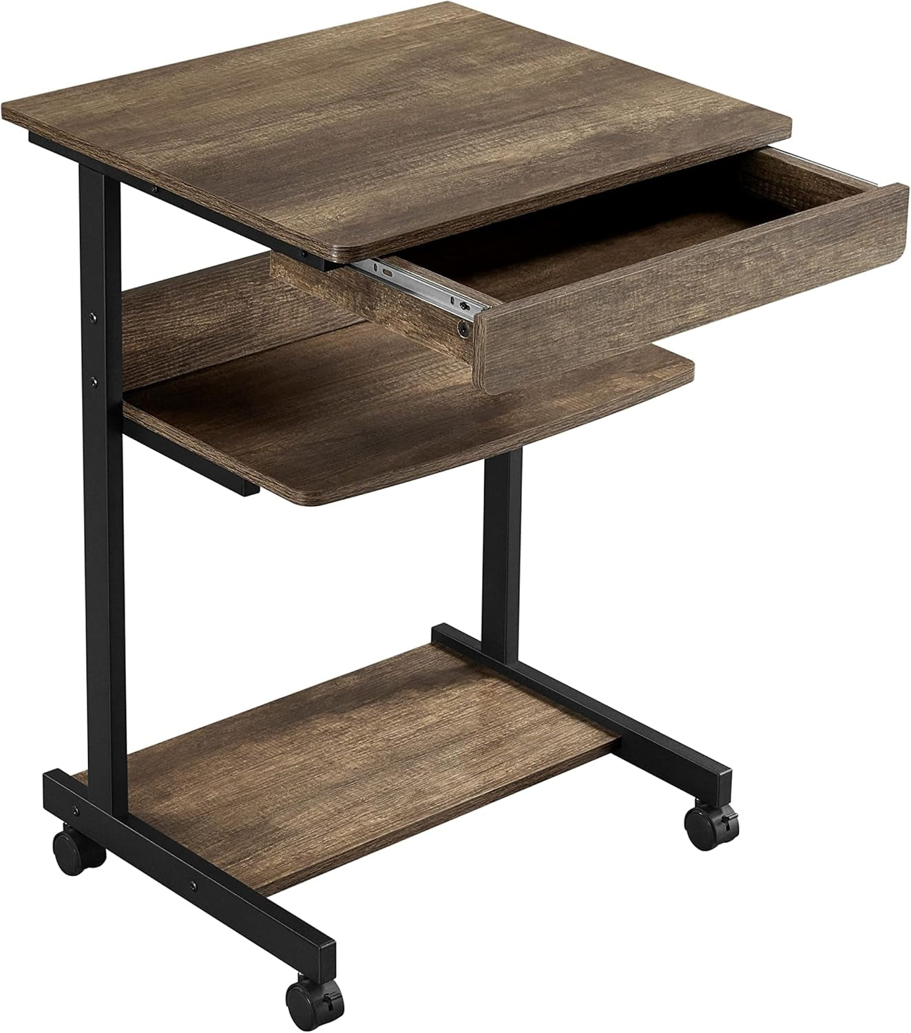 Small Rolling Computer Desk with Storage Drawer, Rolling Home Office Computer Desk with Keyboard Tray, Laptop Desk with Wheels and Drawer, Taupe Wood