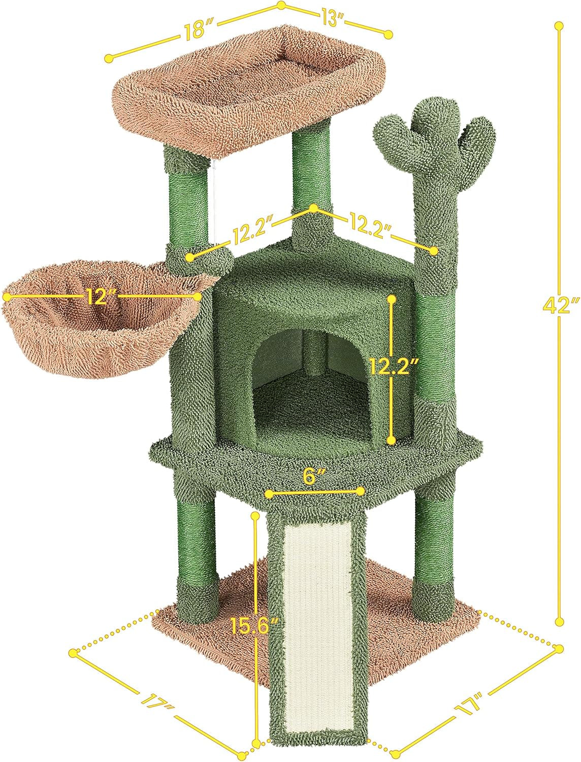 Cactus Cat Tree, 42In Cat Tower for Indoor Cats, Multi Level Cat Condo Scratching Post, Cat Activity Center Pet Furniture W/Ball, Plush Perch, Platform, Basket