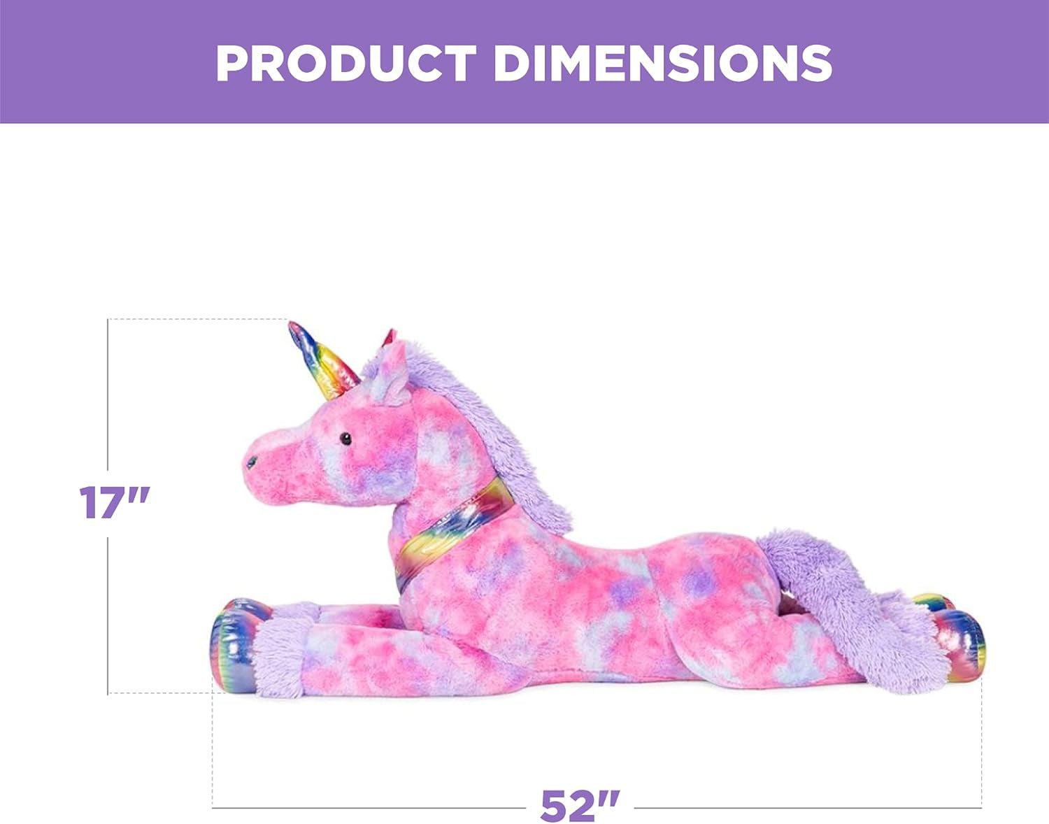 52In Kids Extra Large Plush Unicorn, Life-Size Stuffed Animal Toy W/Rainbow Details - Tie-Dye Faux Fur