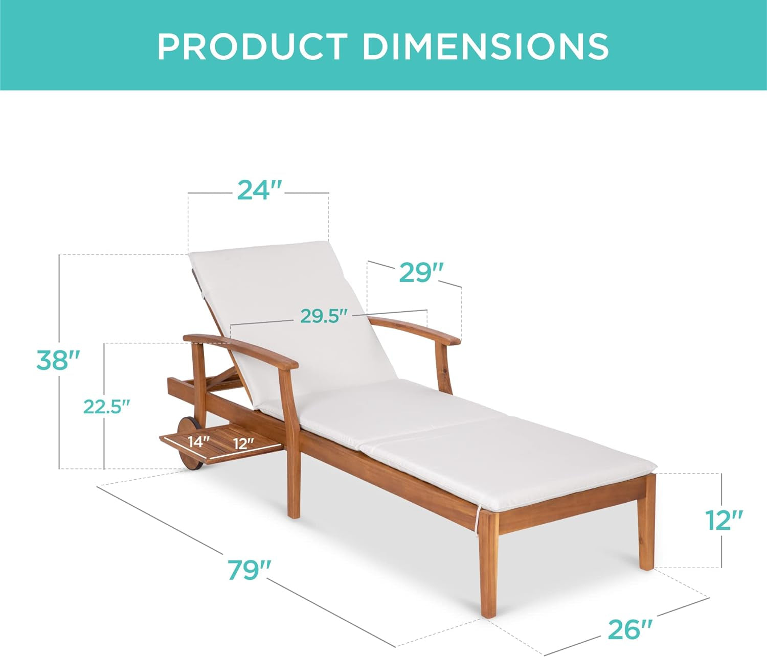 79X26In Acacia Wood Chaise Lounge Chair Recliner, Outdoor Furniture for Patio, Poolside W/Slide-Out Side Table, Foam-Padded Cushion, Adjustable Backrest, Wheels - Cream