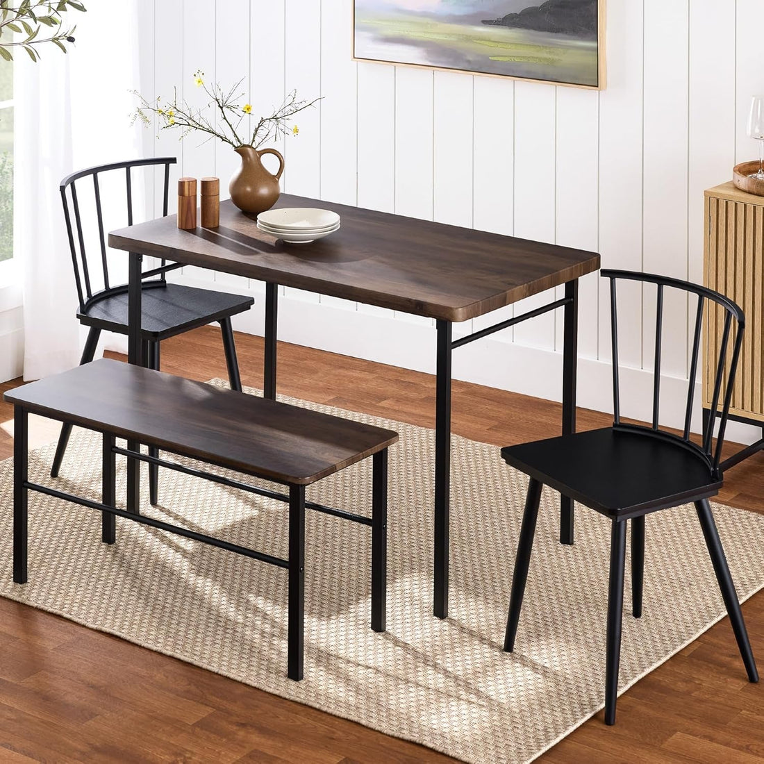 4-Piece Farmhouse Dining Kitchen Table Set, Space Saving Wooden Dinette W/ 2 Black Spindle Back Chairs, Bench - Dark Brown