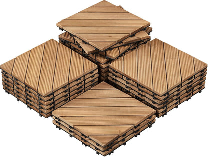 27PCS Wooden Flooring Patio Deck Tiles Interlocking Tiles Patio Solid Wood and Plastic Indoor&amp;Outdoor 12 X 12In, Natural Wood-Diagonal