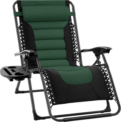 Oversized Padded Zero Gravity Chair, Folding Outdoor Patio Recliner, XL anti Gravity Lounger for Backyard W/Headrest, Cup Holder, Side Tray, Polyester Mesh - Black/Gray