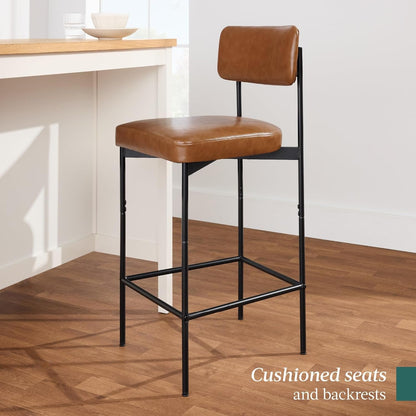 Set of 2 Faux Leather Bar Stools, Armless Counter Height for Kitchen Island, Home, Dining W/Metal Frame - Camel Brown