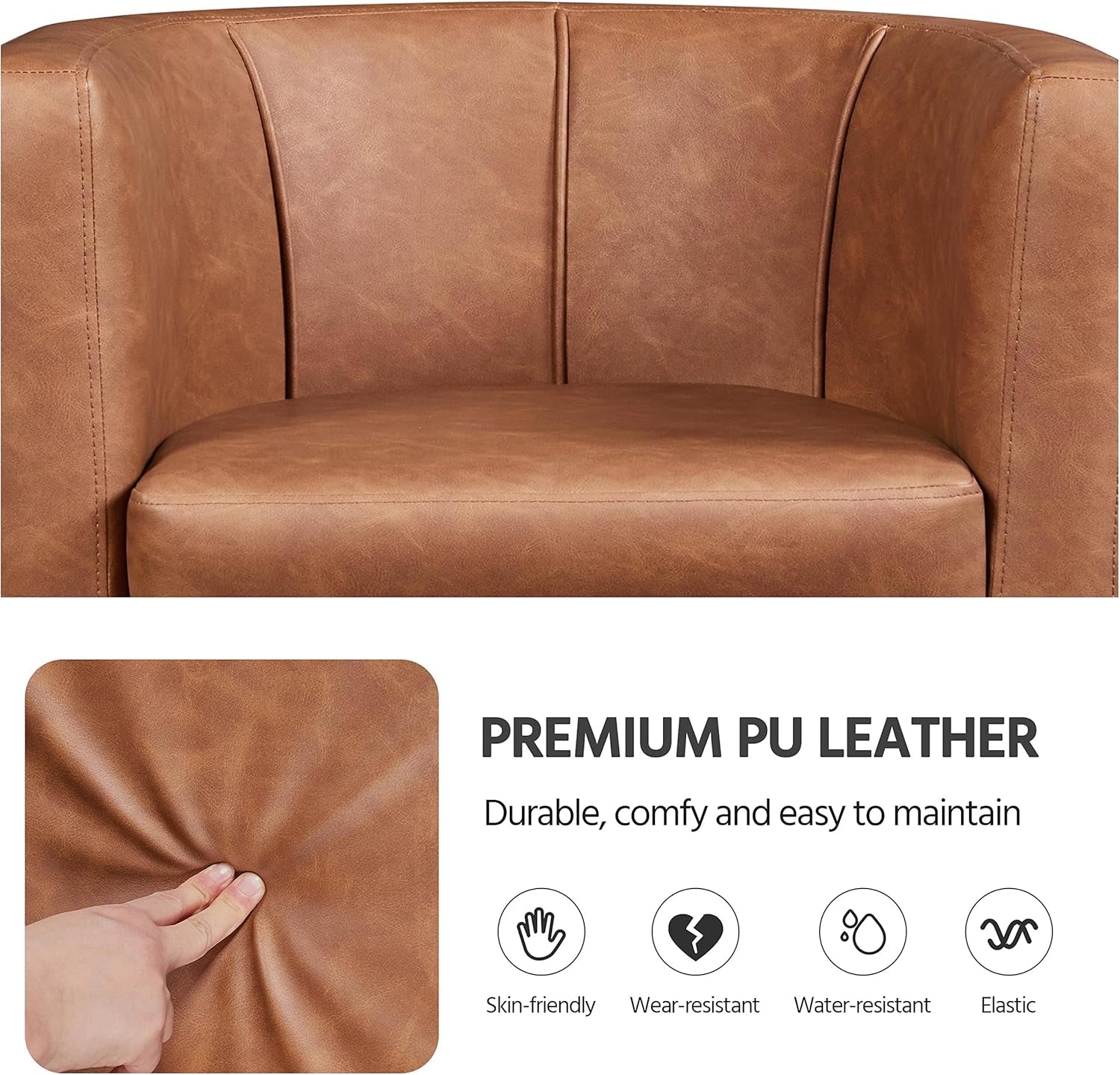 Accent Chair, PU Leather, Modern and Comfortable Armchairs, Upholstered Barrel Sofa Chair for Living Room Bedroom Waiting Room, Brown