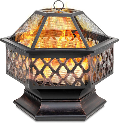 Hex-Shaped 24In Steel Fire Pit, Black Metal Wood Burning Firepit, Portable Hexagon Fire Bowl for Outside, Patio, Backyard W/Flame-Retardant Mesh Lid