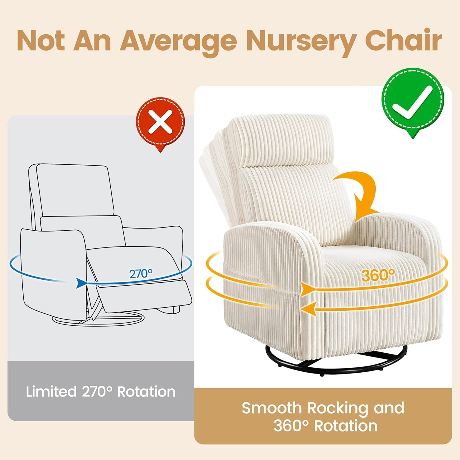 360° Swivel Glider Chair for Nursery, Rocking Chair Nursing Chair with Side Pockets, Corduroy Glider for Living Room with High Back Beige