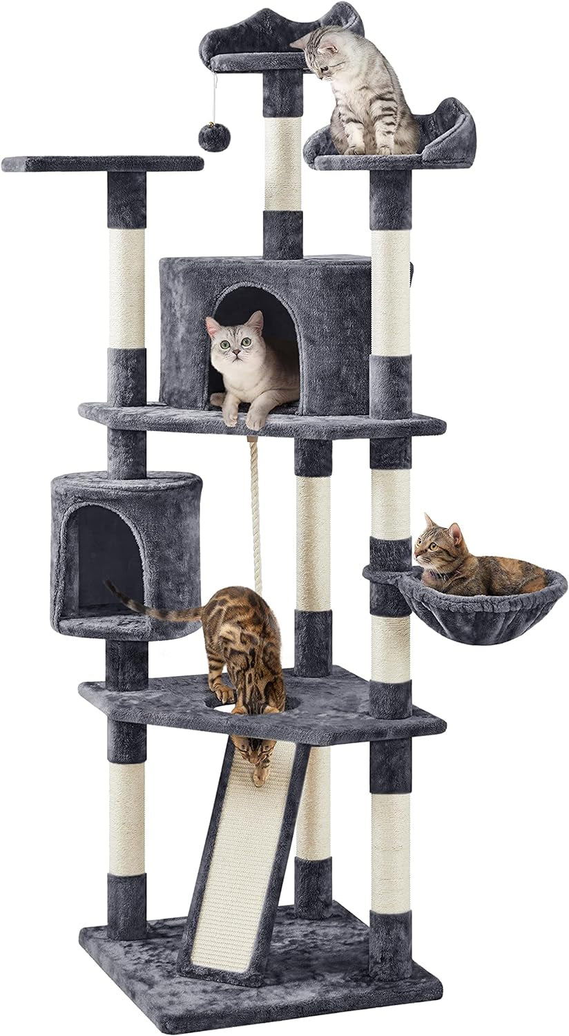 79In Multi-Level Cat Trees Indoor Cat Tower with Sisal-Covered Scratching Posts, Plush Perches and Condo for Kittens, Cats and Pets - Dark Gray and White