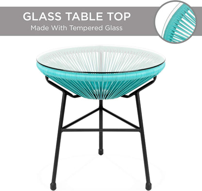 3-Piece Outdoor Acapulco All-Weather Patio Conversation Bistro Set W/Plastic Rope, Glass Top Table and 2 Chairs - Light Blue