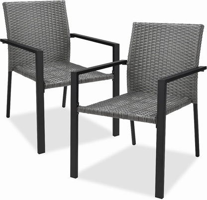 Set of 2 Stackable Outdoor Wicker Dining Chairs All-Weather Firepit Armchair W/Armrests, Steel Frame for Patio, Deck, Garden, Yard - Brown