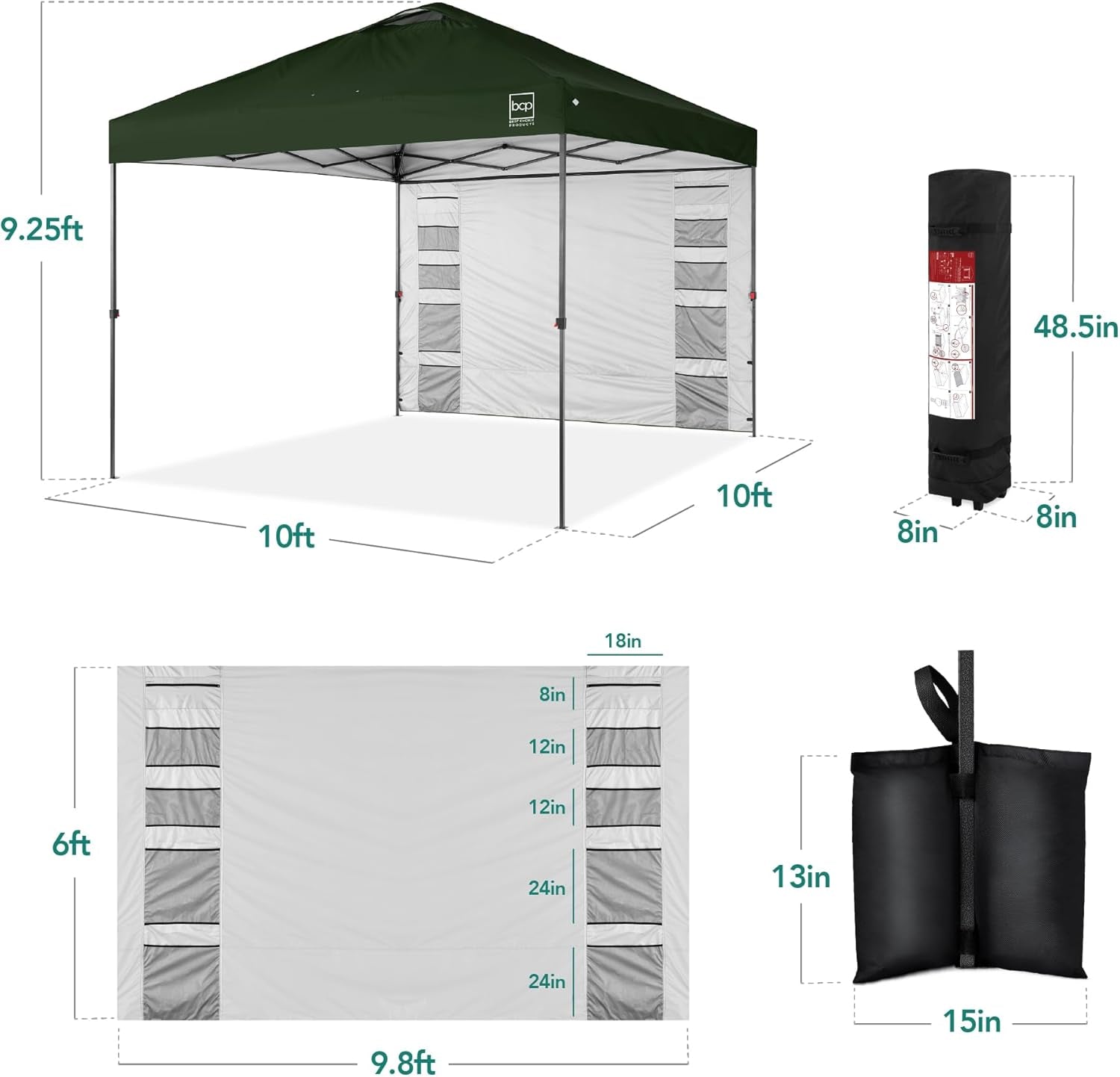 10X10Ft Easy Pop up Canopy W/Side Wall, 10 Pockets, Portable Carrying Case, 1-Button Setup, 4 Weight Bags - Dark Green