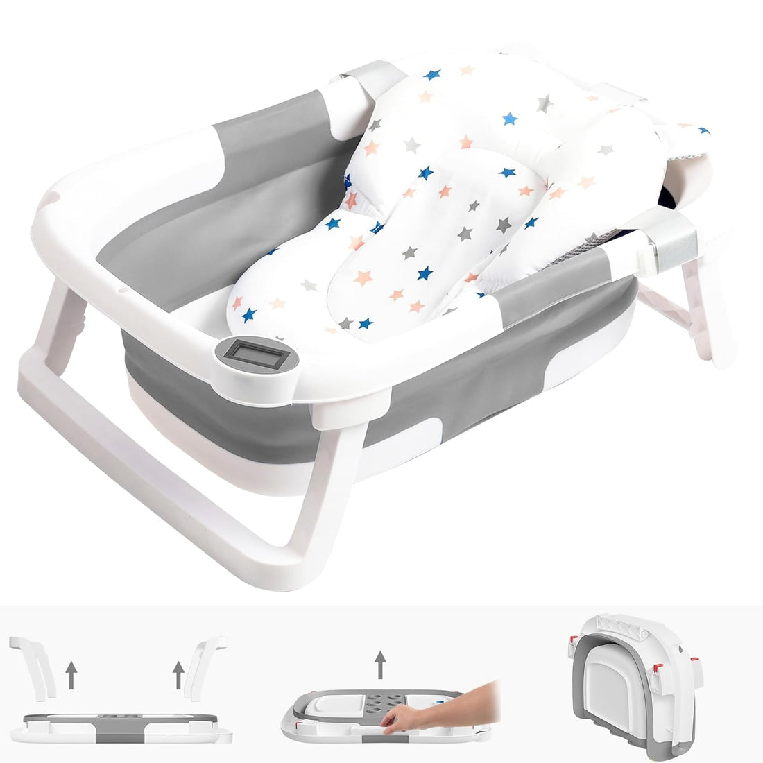 Collapsible Baby Bathtub,Baby Bath Tub with Soft Cushion &amp; Thermometer,Baby Bathtub Newborn to Toddler 0-36 Months,Portable Travel Baby Tub,Gray