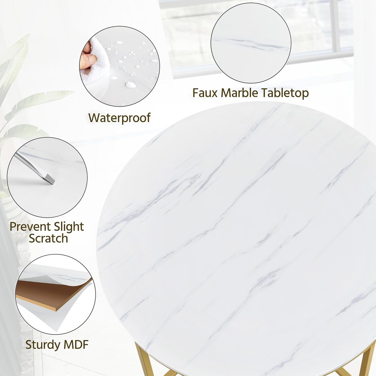 Faux Marble Coffee Table, 35.5In round Coffee Table with Metal Legs for Living Room, Modern Center Table for Home &amp; Office, White and Gold