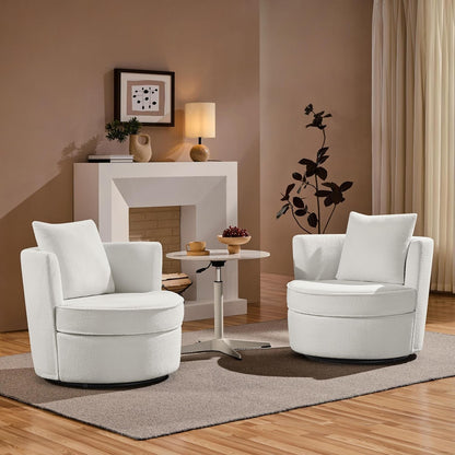 Swivel Barrel Chair, 34.5″ W Teddy Upholstered round Swivel Chair, 360° Soft Boucle Accent Arm Chair with Throw Pillow, Single Sofa Chair for Living Room Bedroom Reading White