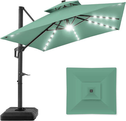 10X10Ft 2-Tier Square Cantilever Patio Umbrella with Solar LED Lights, Offset Hanging Outdoor Sun Shade for Backyard W/Included Fillable Base, 360 Rotation - Burgundy