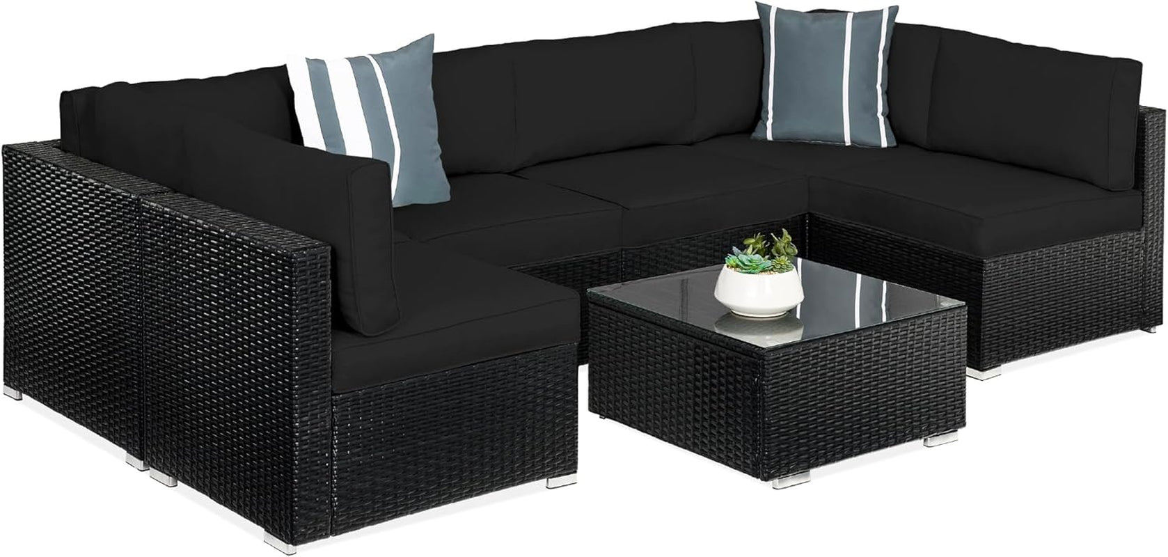 7-Piece Modular Outdoor Sectional Wicker Patio Conversation Set W/ 2 Pillows, Coffee Table, Cover Included - Gray/Navy