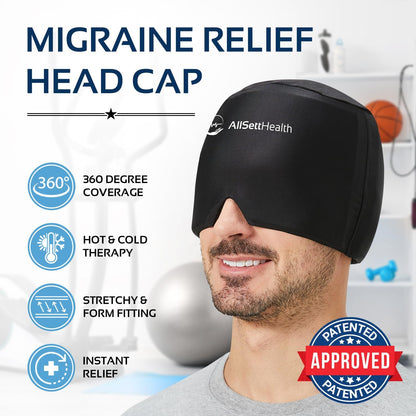 Migraine Relief Cap Ice Head Wrap Headache and Migraine Hat | Headache Relief with Hot/Cold Gel Head Ice Pack with Face and Eye Headache Mask Compress Black - FSA HSA Eligible Items