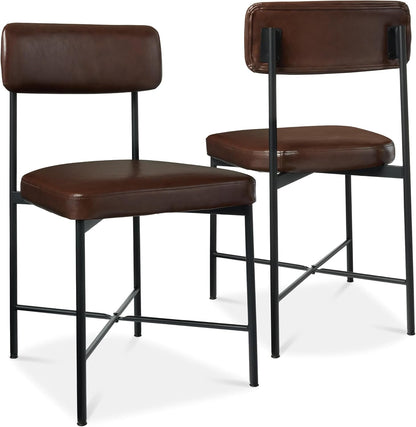 Faux Leather Dining Chair Set of 2, Standard Height, Metal Frame Padded Cushions for Kitchen and Dining - Mocha Brown