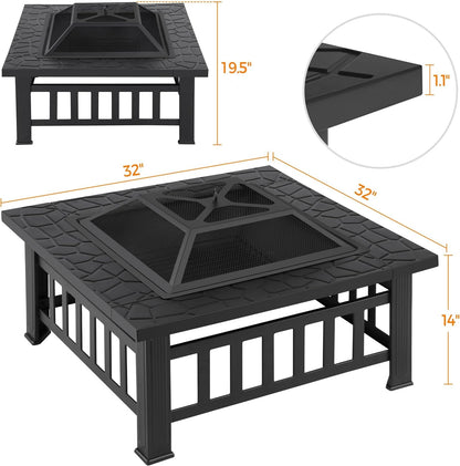 Multifunctional Fire Pit Table 32In Square Metal Firepit Stove Backyard Patio Garden Fireplace for Camping, Outdoor Heating, Bonfire and Picnic