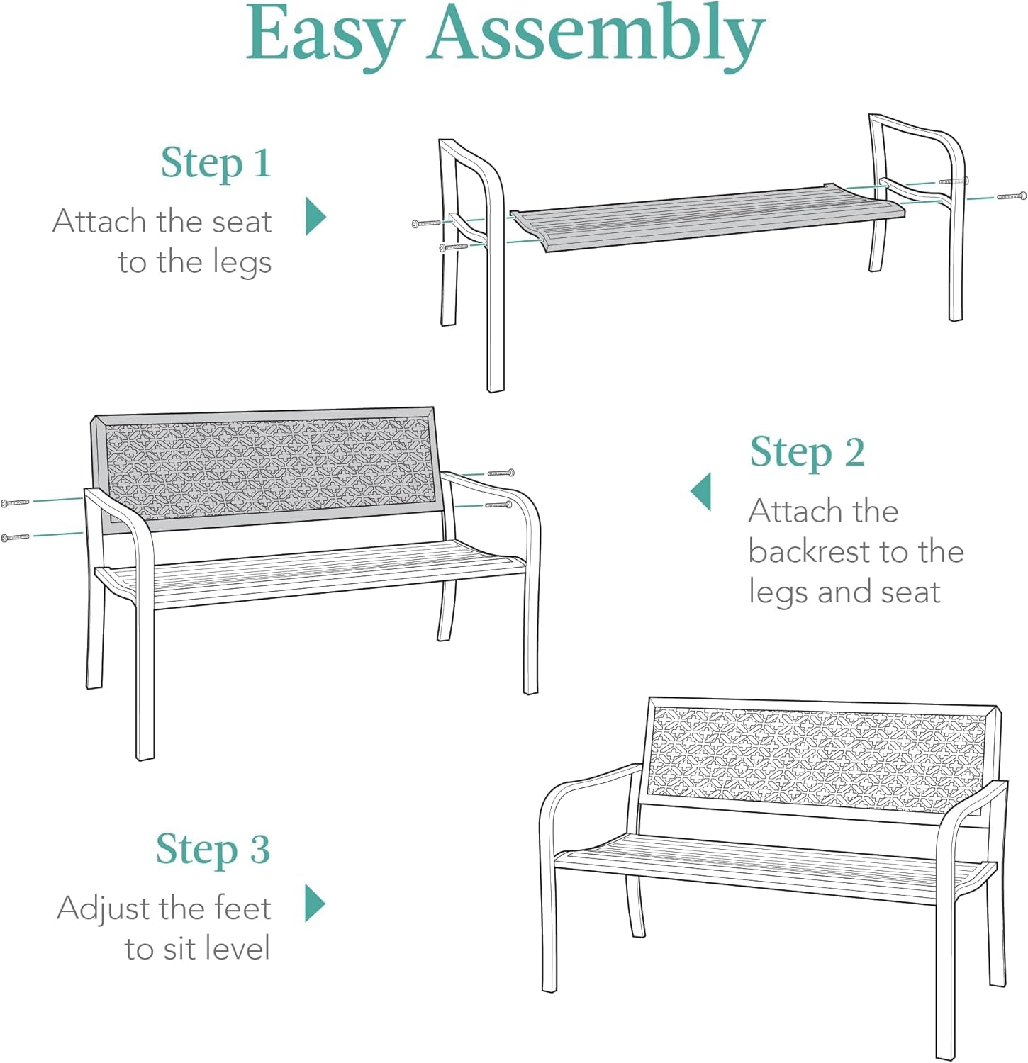 Outdoor Bench 2-Person Metal Steel Benches Furniture for Garden, Patio, Porch, Entryway W/Geometric Backrest, 790Lb Capacity – Black