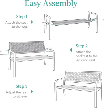 Outdoor Bench 2-Person Metal Steel Benches Furniture for Garden, Patio, Porch, Entryway W/Geometric Backrest, 790Lb Capacity – Black