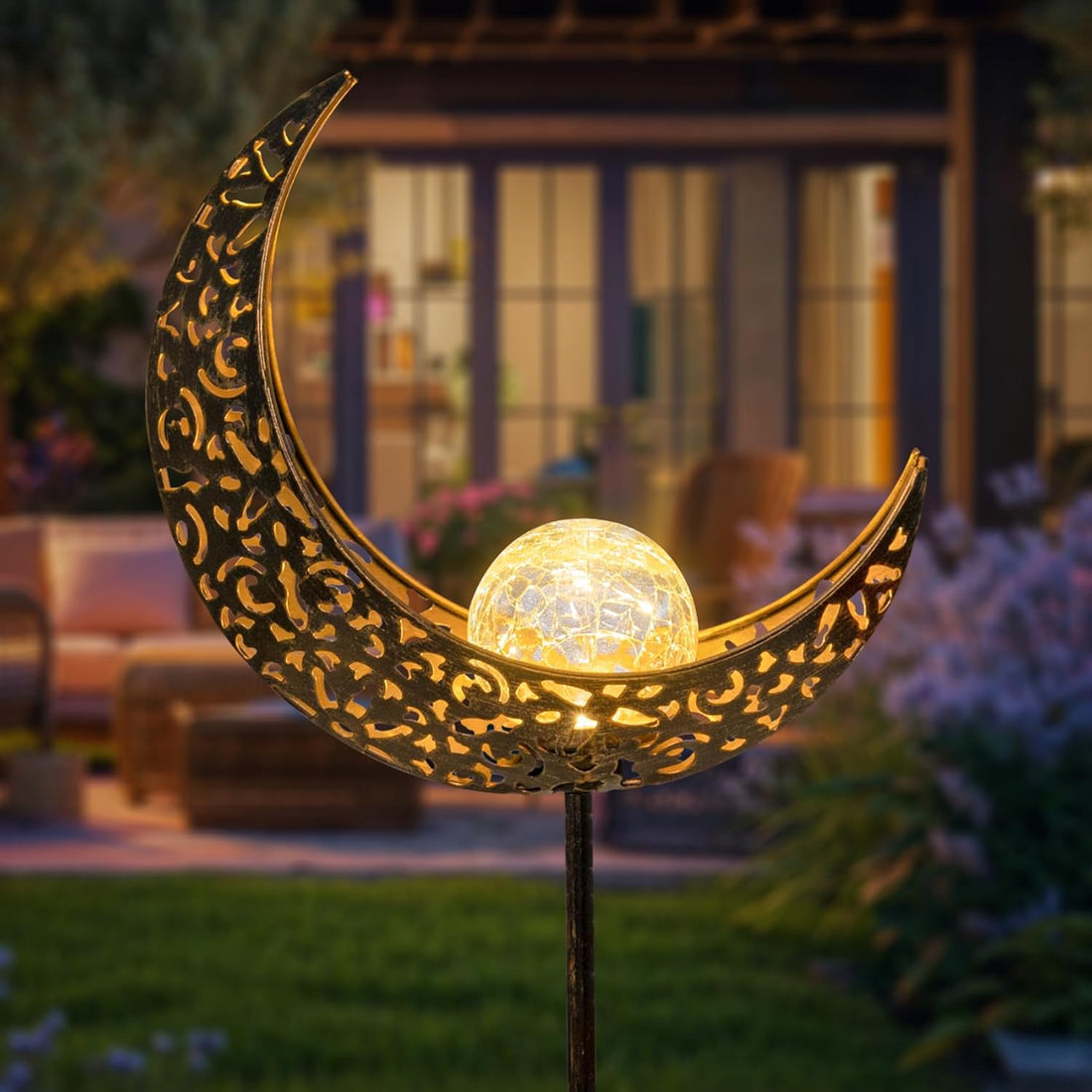 Moon Solar Lights Outdoor Garden Stakes, Waterproof Crackle Glass Metal Decorative Lights for Lawn, Patio Accessories, Backyard Decorations Birthday,Christmas Gift Mom Grandma (Bronze)