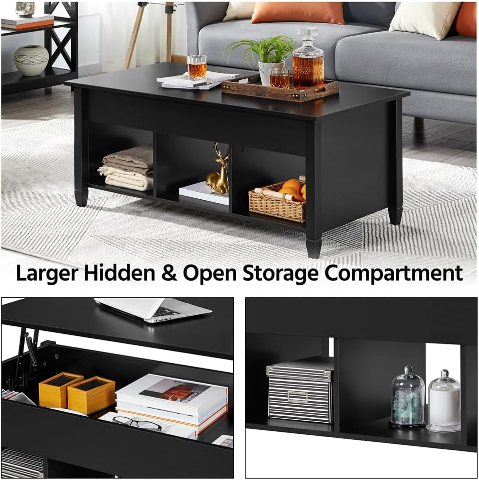 Black Coffee Table, 47.5In Lift Top Coffee Table, Lift up Center Table W/Hidden Compartment &amp; 3 Cube Open Shelves for Living Room