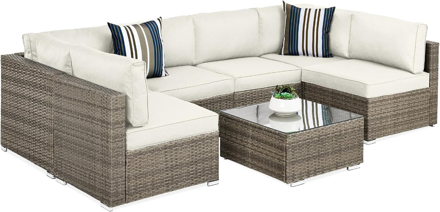 7-Piece Modular Outdoor Sectional Wicker Patio Conversation Set W/ 2 Pillows, Coffee Table, Cover Included - Gray/Navy