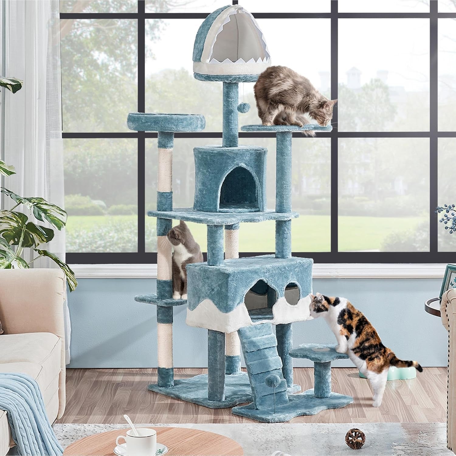 Cat Tree, 72.5Inch Ocean-Themed Cat Tree Tower, Multi-Level Large Cat Tree for Indoor Cats with Shark&