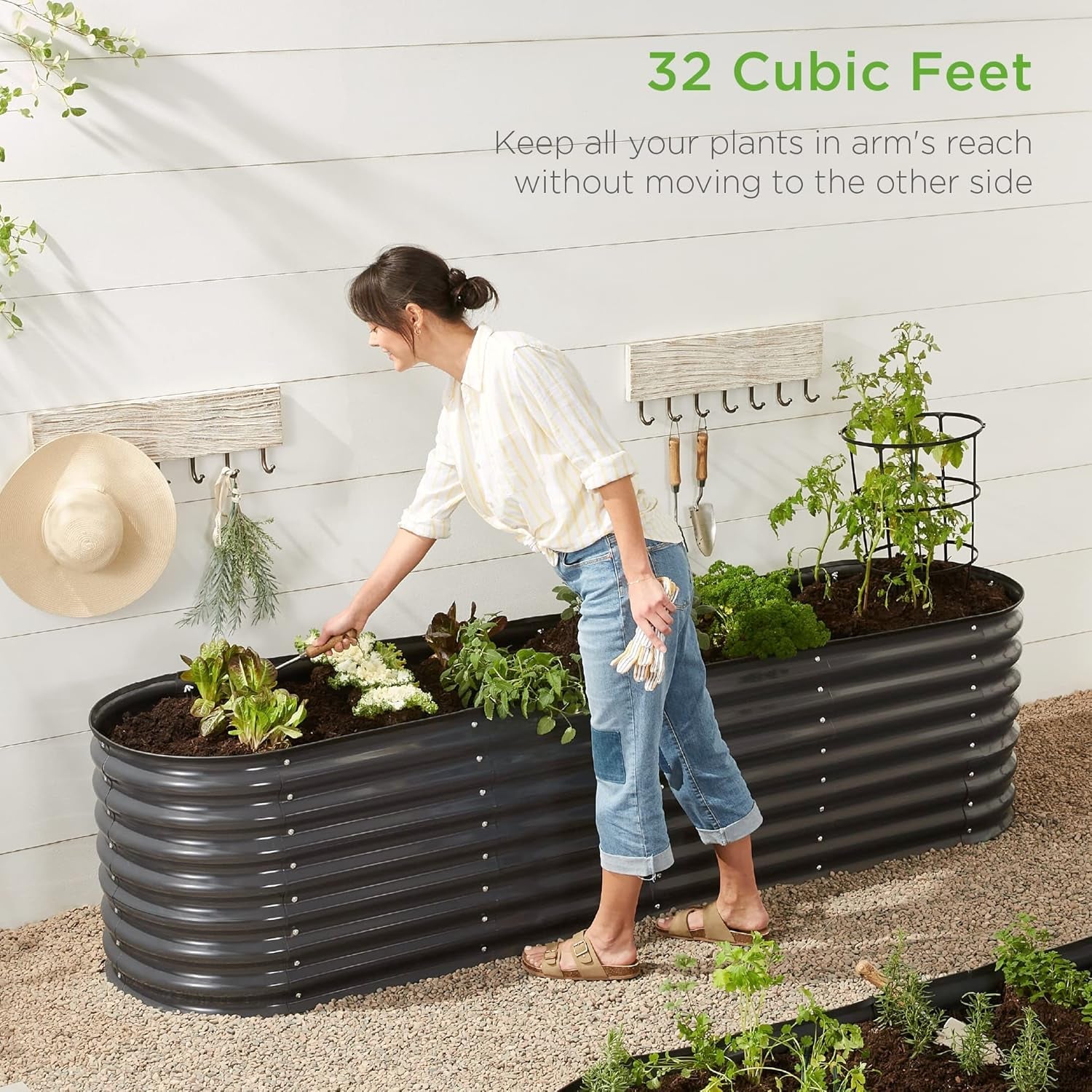 8X2X2Ft Metal Raised Garden Bed, Oval Outdoor Deep Root Planter Box for Vegetables, Herbs W/ 4 Support Bars, 215 Gal Capacity - Charcoal