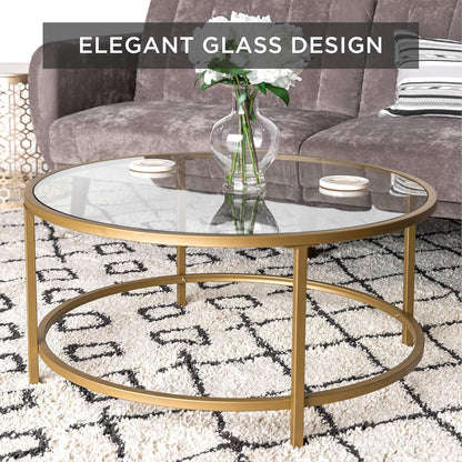 36In Modern round Tempered Glass Accent Side Coffee Table for Living Room, Dining Room, Tea, Home Décor W/Satin Trim, Metal Frame, Non-Marring Foot Caps - Bronze Gold