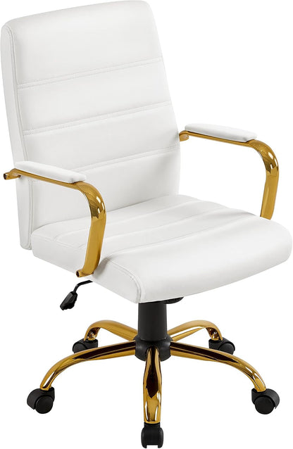 Mid-Back Office Chair PU Leather Desk Chair Adjustable Executive Task Chair W/Lumber Support Gold Leg White Seat