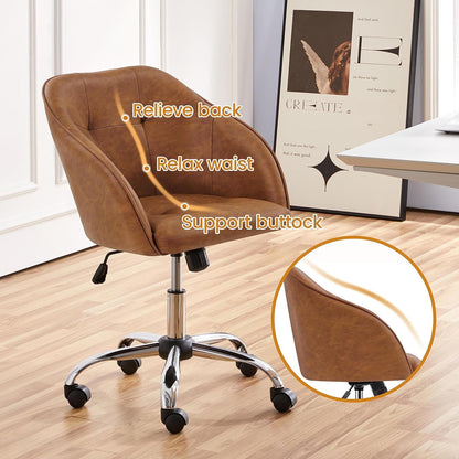 Faux Leather Desk Chair, Makeup Vanity Chair with Adjustable Tilt Angle, Swivel Office Chair Upholstered Armchair Study Chair for Bedroom and Makeup Room Retro Brown