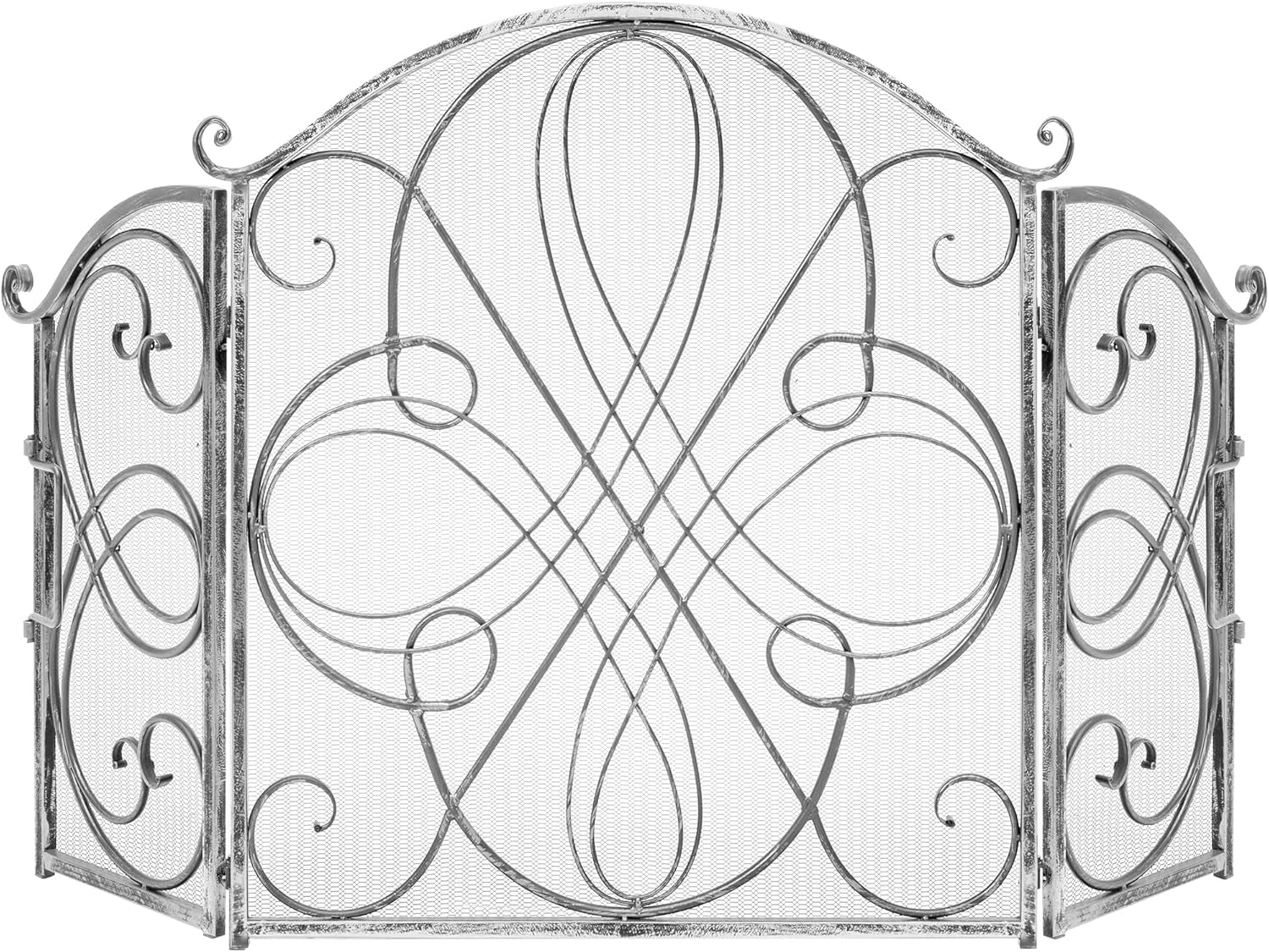 3-Panel 55X33In Solid Wrought Iron See-Through Metal Fireplace Screen, Spark Guard Safety Protector W/Decorative Scroll - Copper