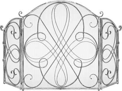 3-Panel 55X33In Solid Wrought Iron See-Through Metal Fireplace Screen, Spark Guard Safety Protector W/Decorative Scroll - Copper